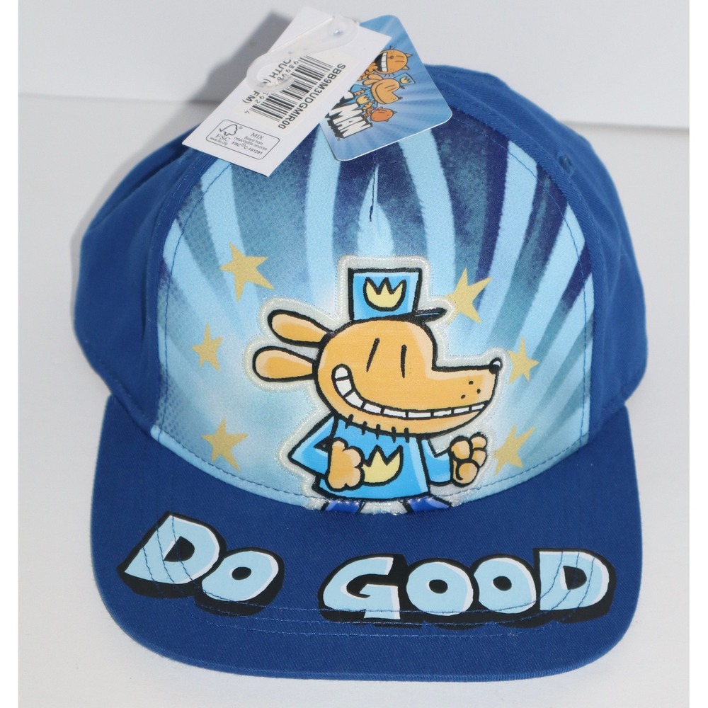 Dog Man YOUTH Snapback Hat Blue Do Good Graphic Baseball Cap OSFM NEW - Picture 2 of 9